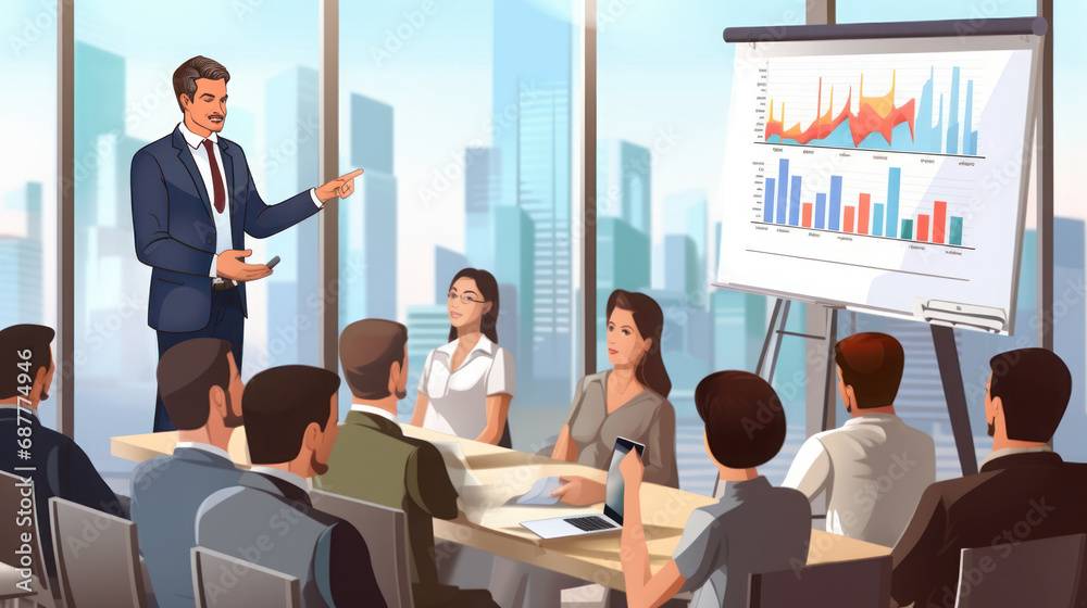 Business man makes a presentation in the office of Business team Business man makes a presentation in the office of Business team