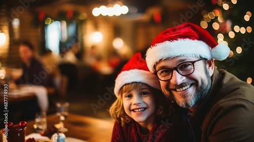American family wearing Christmas hat celebrate Christmas day