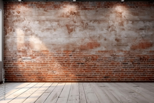 Red brick wall texture and wood floor background, Generative AI