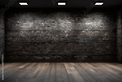 black brick wall texture and wood floor background, Generative AI © Phichitpon