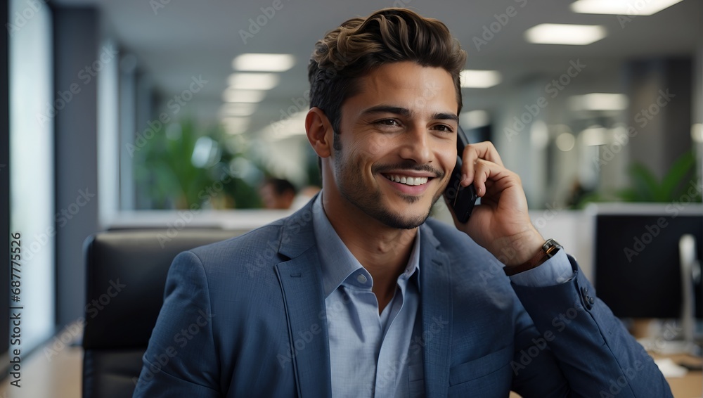 Smiling male business owner talking on smart phone in shop