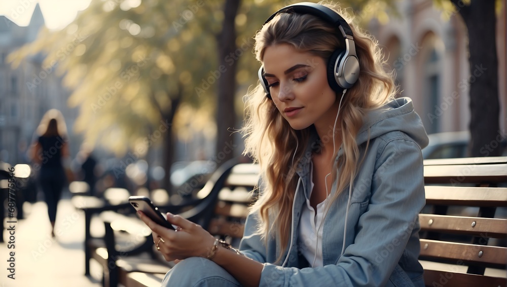 Young fashionable woman listening music with wireless headphones on a smartphone while sitting on the bench. Changing songs