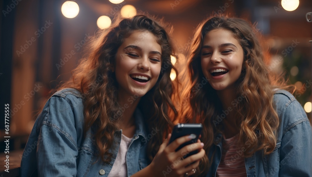 Two young girls friends watch a video on a smartphone and laugh and have fun. - obrazy, fototapety, plakaty 