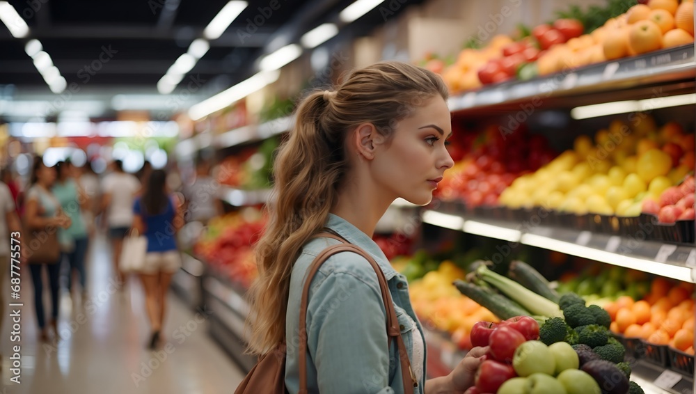 Young woman shopping in grocery store. Side view choosing fresh fruits and vegetables in supermarket.