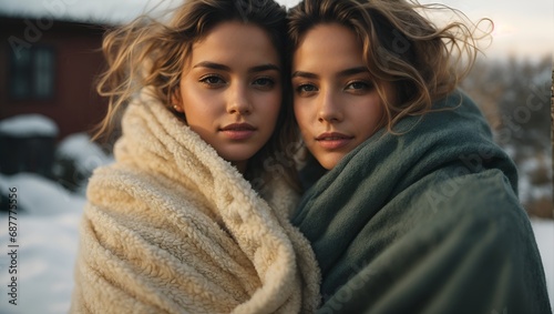 Two young women friends  wrapped in a warm blanket 
