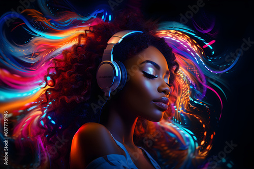 Young African woman listening to music with headphones on colourful abstract background.