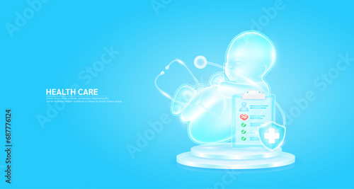 Stethoscope surrounded the fetus and symbol cross in shield glass. Check mark, red heart pulse in document form board floating on podium. Medical health care. Health insurance concept. Vector EPS10.