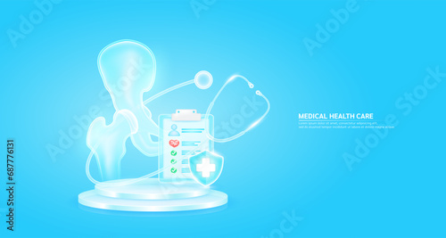 Medical health care. Stethoscope surrounded the hip joint bone and symbol cross in shield glass. Check mark, heart pulse in document form board floating on podium. Health insurance concept. Vector.