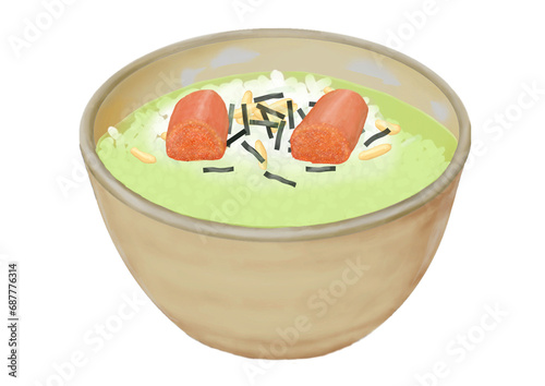 単体の明太子茶漬け（手描き、リアル、写実）