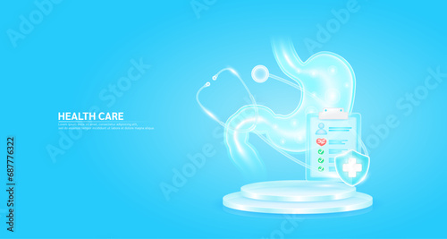 Stethoscope surrounded the stomach and symbol cross in shield glass. Check mark, red heart pulse in document form board floating on podium. Medical health care. Health insurance concept. Vector EPS10.
