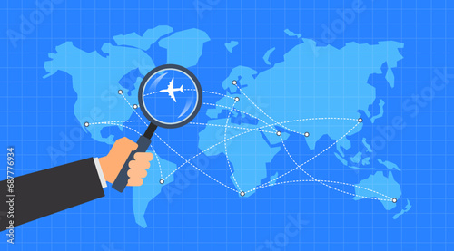 hand with magnifying glass over the world map flight path lines directions airlines transportation route vector illustration
