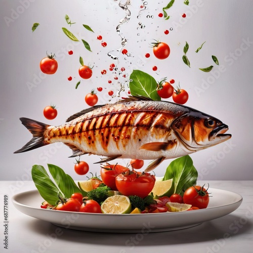 Fresh grilled fish, garnished with vegetables, seafood dish