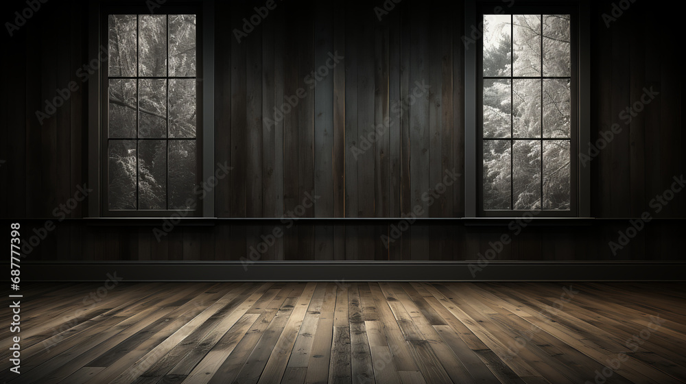 Empty room - barnwood - wood floors - dark vibe - low angle shot Empty room - barnwood - wood floors - dark vibe - low angle shot