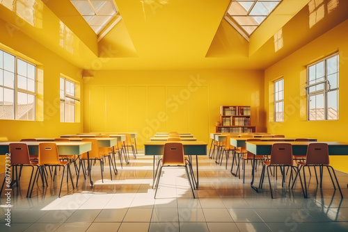 empty classroom with yellow walls, tables and chairs