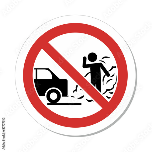 ISO Prohibition Circular Sign: No Idling Engine With Car Pollution Symbol