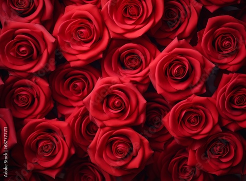 Lush red roses in full bloom  creating a romantic and luxurious floral background. Close-up of fresh red rose petals  symbolizing love and passion in a floral display