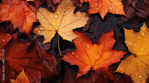 Vibrant autumn leaves with fresh rain droplets  perfect for seasonal nature backgrounds. Pattern of colorful wet leaves creating a natural setting for environmental concepts