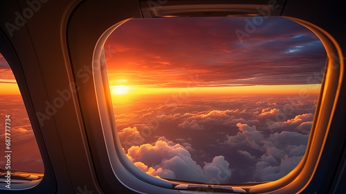 Sunrise through airplane window offering a stunning view of the horizon and cloudscapes