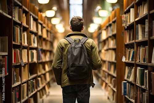 Young college student walking through library rows in search of literature for lecture