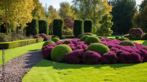 Landscaping of a garden with a bright green lawn, colorful shrubs, decorative evergreen plants and shaped boxwood photo