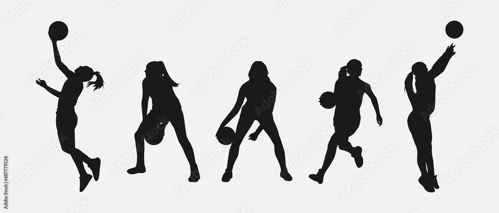 set of silhouettes of female basketball players with different poses, gestures. isolated on white background. vector illustration.