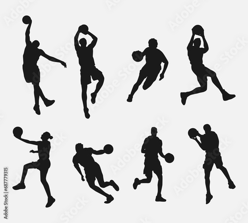 set of silhouettes of male basketball players with different poses, movements. isolated on white background. vector illustration. photo