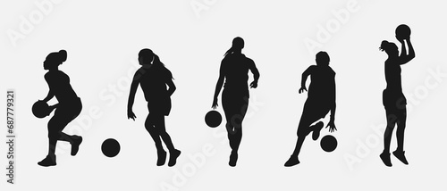 set of silhouettes of female basketball players with different poses, gestures. isolated on white background. vector illustration. photo