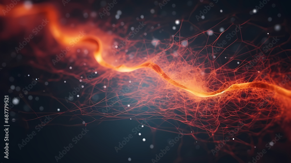 Nerve cords or cables of a network with a glowing spot that appears to be on fire, banner