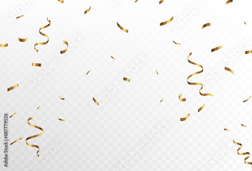 Confetti explosion on transparent background. Shiny golden paper pieces flying and spreading. curved, straight. vector illustration