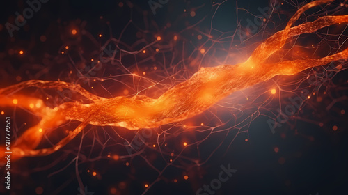 Nerve cords or cables of a network with a glowing spot that appears to be on fire, banner
