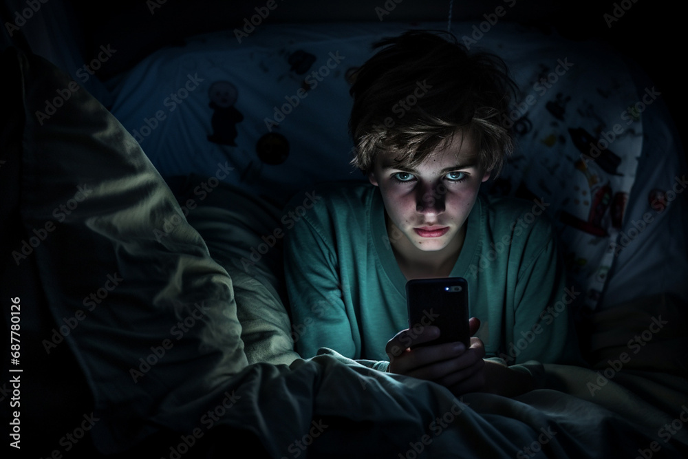 boy face is illuminated as he focuses on the screen while lying in bed with the lights off. This evocative image captures the modern digital experience. Generative AI. boy face is illuminated as he focuses on the screen while lying in bed with the lights off. This evocative image captures the modern digital experience. Generative AI.