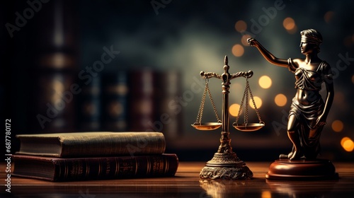 Law theme, mallet of the judge on wooden desk with Lady Justice Statue.