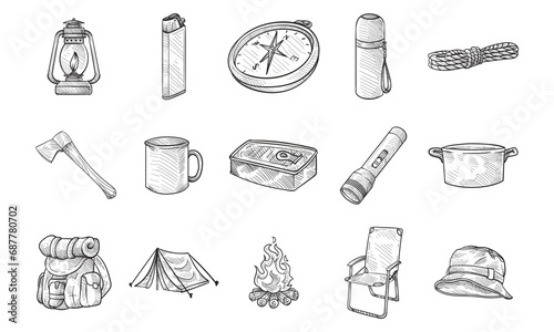 camping equipment handdrawn collection