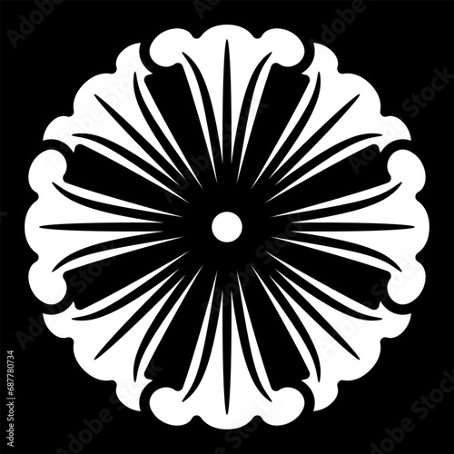 Round floral mandala or decorative element with stylized datura or lily petals and cross motif. Black and white silhouette.