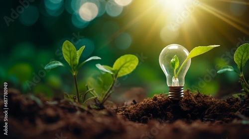 Light bulb is located on the soil  and plant are growing with growth graph.Renewable energy generation is essential in the future. Alternative sources of energy