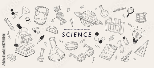 Set of Tools in the Science Lab.Vector illustrations.Hand drawn sketches.