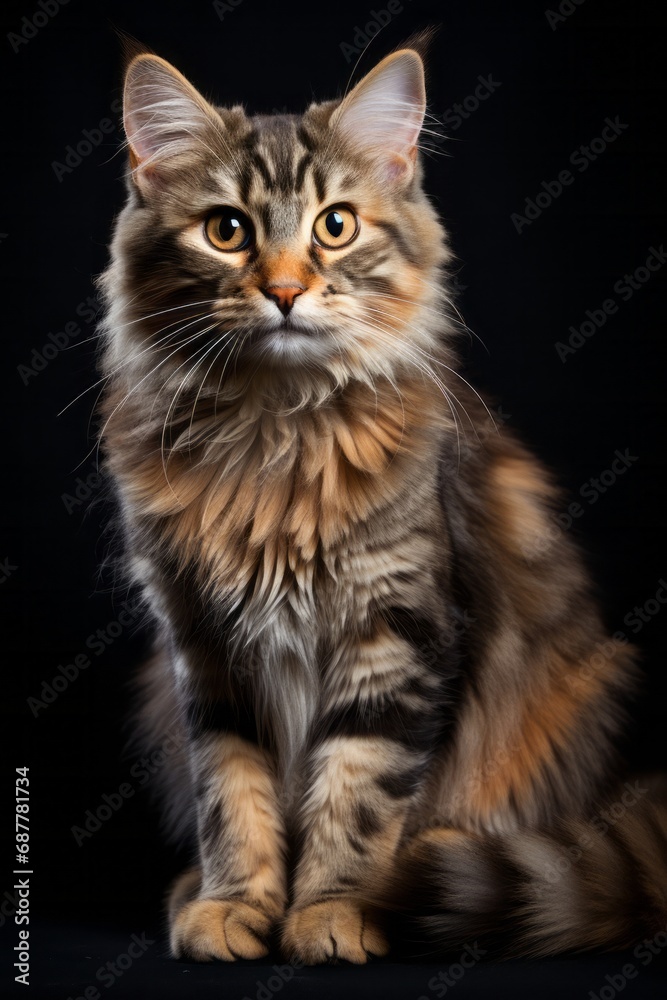 Elegant Maine Coon Cat, Studio Portrait Against Black