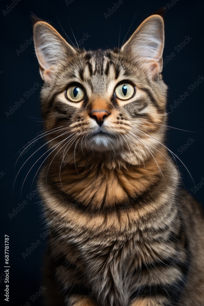 Elegant Maine Coon Cat, Studio Portrait Against Black