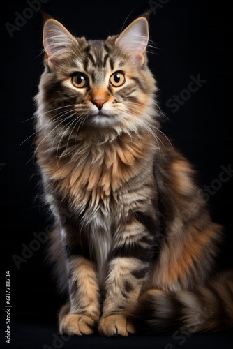 Elegant Maine Coon Cat, Studio Portrait Against Black