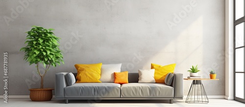 Minimalist living room with grey sofa and bright decor.