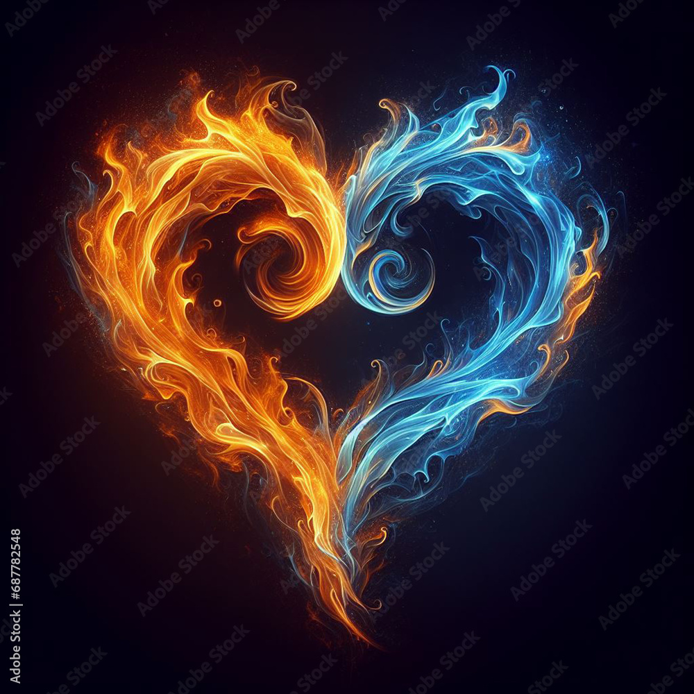 Burning heart. Twin flame logo. Esoteric concept of spiritual love. Illustration on black background for web sites, wallpapers and much more. Created using generative ai tools