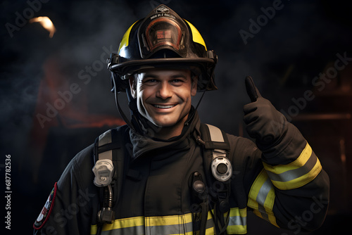 Portrait of a smiling firefighter showing thumbs up on dark background