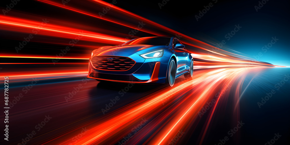 Car driving fast with lights in abstract style.