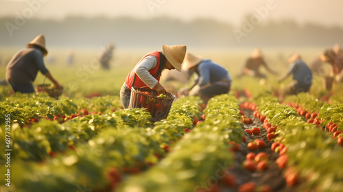 Harvesting of red chili peppers on a field