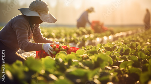 Asian female farmer harvesting strawberries on the field in the morning light photo