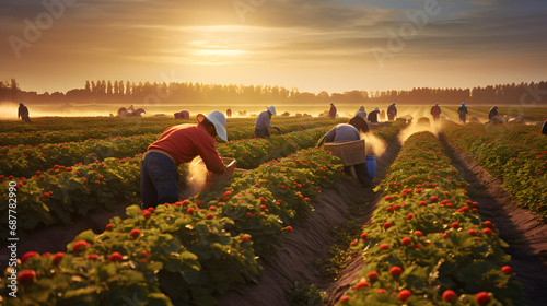 Agricultural workers spraying pesticides on a strawberry field in the morning photo