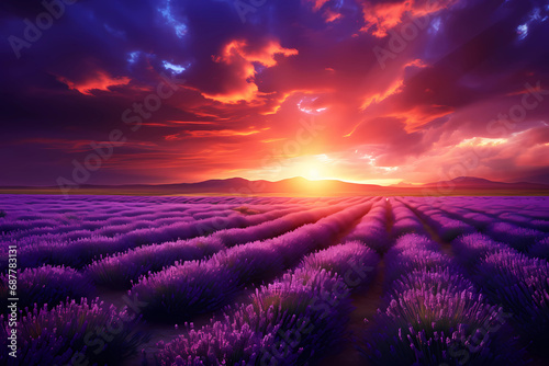 Lavender field with sun at sunset 