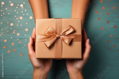 hands holding a gift box on a blue background . AI Generate