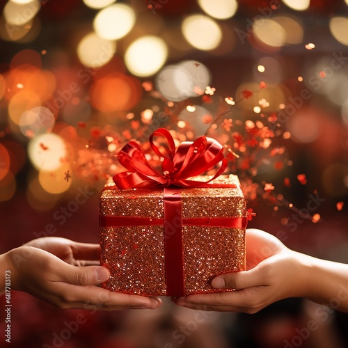 close up of woman hands holding gift box over bokeh background . AI Generate