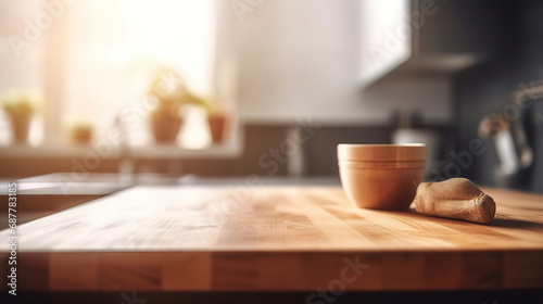 Empty kitchen table with kitchen background blurred, isolated table, space for product and food